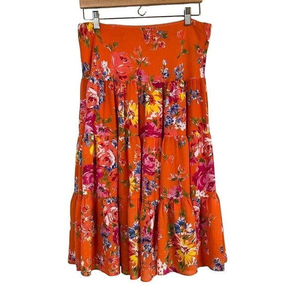 Chaps Floral Preppy Skirt M Orange Euro Summer Old Money Classic Western Boho - Picture 1 of 9